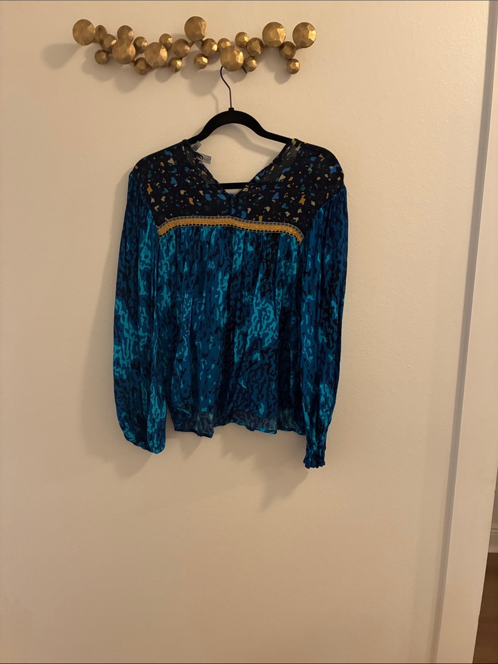 Teal and Black Boho Blouse with Gold Trim